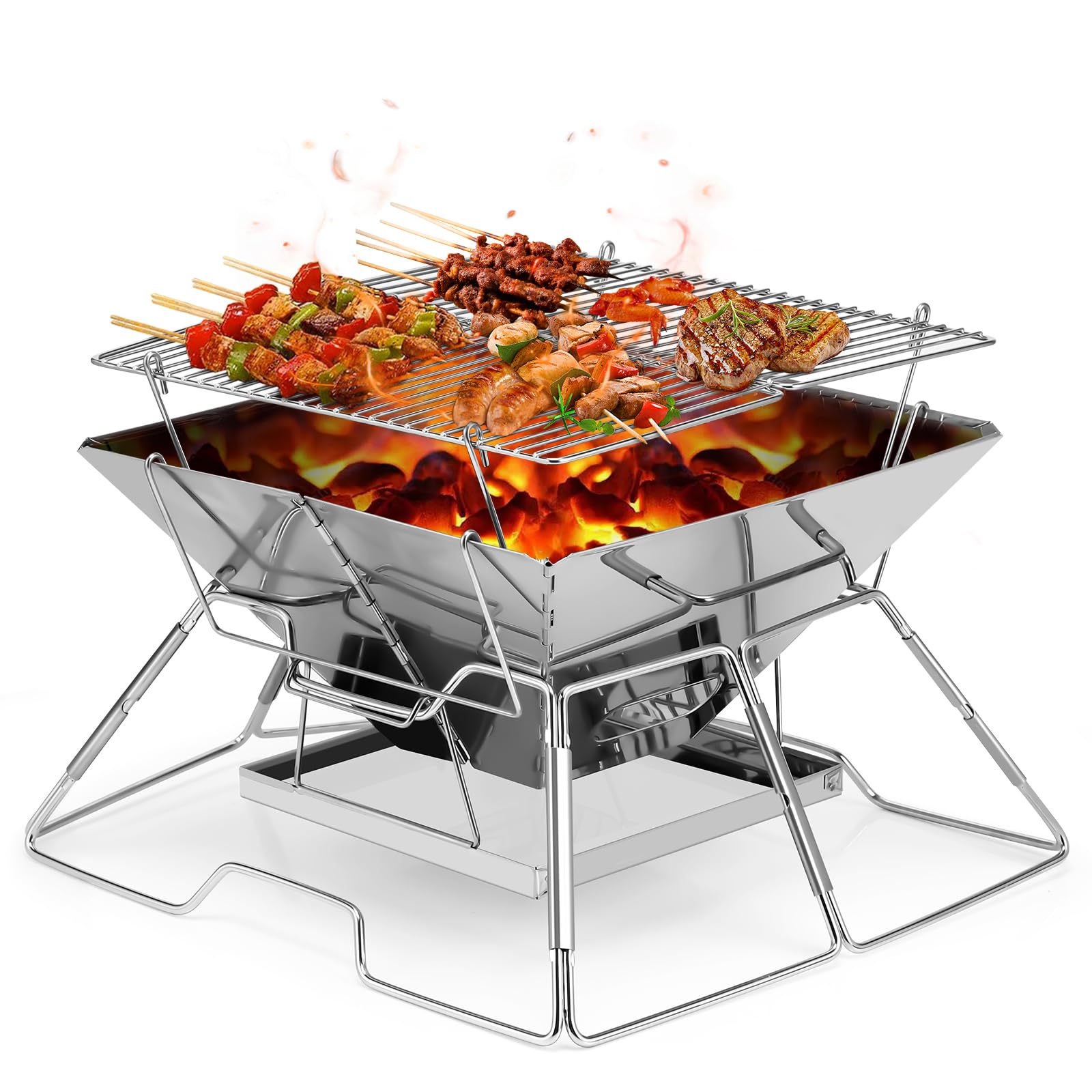 Portable Charcoal BBQ Grill For Camping Small Folding Fire Pit Stainl Top Dad