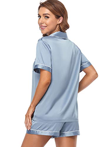 Serenedelicacy Women's Silky Satin Pajamas Short Sleeve PJ Set Sleepwear Loungewear - blue - Medium