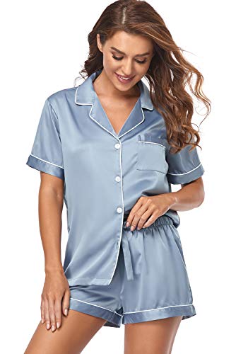 Serenedelicacy Women's Silky Satin Pajamas Short Sleeve PJ Set Sleepwear Loungewear - blue - Medium