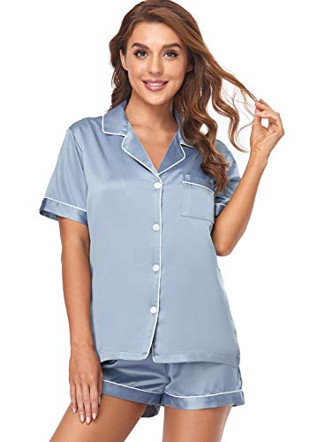 Serenedelicacy Women's Silky Satin Pajamas Short Sleeve PJ Set Sleepwear Loungewear - blue - Medium