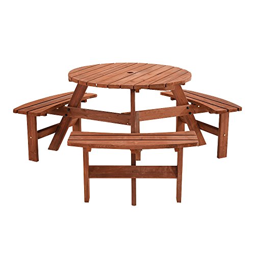 Britoniture 6 Seater Wooden Round Picnic Table and Bench for Garden Pub Patio