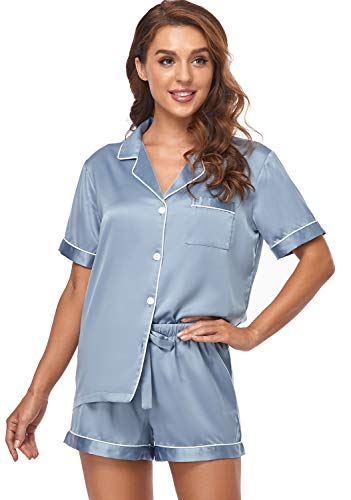 Serenedelicacy Women's Silky Satin Pajamas Short Sleeve PJ Set Sleepwear Loungewear - blue - Medium