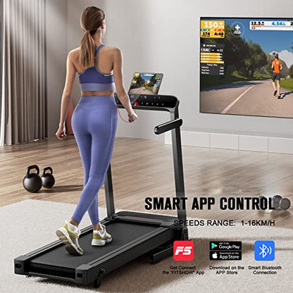 Foldable Treadmill 3 Incline Levels, Max Weight 180kg, Up to 16km/h, Bluetooth APP, FLYLINKTECH Home LCD Silent Treadmill, 43 * 110cm Running Belt, 12 Exercise Modes