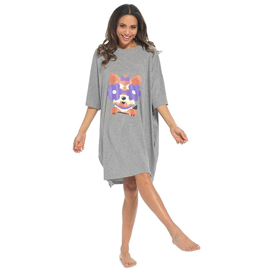 GM Apparel Women’s Baggy Nighty Nightgown Loungewear Sleepwear Night Dress Oversized T Shirt Ladies Nighties Short Sleeved 100% Cotton Nightshirts Night wear With Pockets (Yorkshire Terrier)