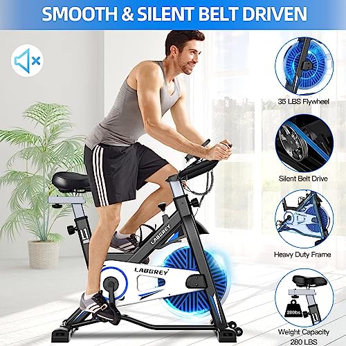 LABGREY Exercise Bike Indoor Cycling Bike Stationary Cycle Bike with Heart Rate Sensor & Comfortable Seat Cushion, Quiet Fitness Bike for Home Cardio Workout