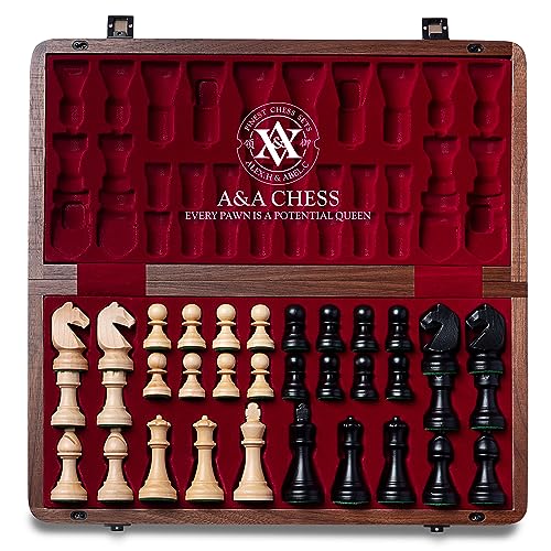 A&A 15 inch Wooden Folding Chess Set w/ 3 inch King Height Staunton Chess Pieces / 2 Extra Queens - Natural Walnut Wood