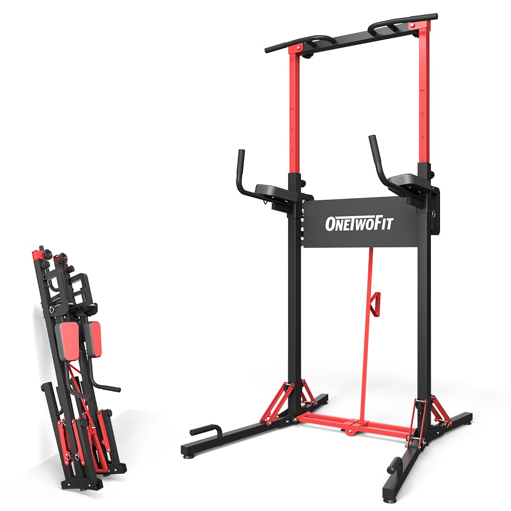 ONETWOFIT Power Tower Pull Up Bar Station, Multi-Function Adjustable Height Foldable Dip Station for Home Gym Workout, Heavy Duty Strength Training Fitness Equipment, Pull Up Stand 400LBS