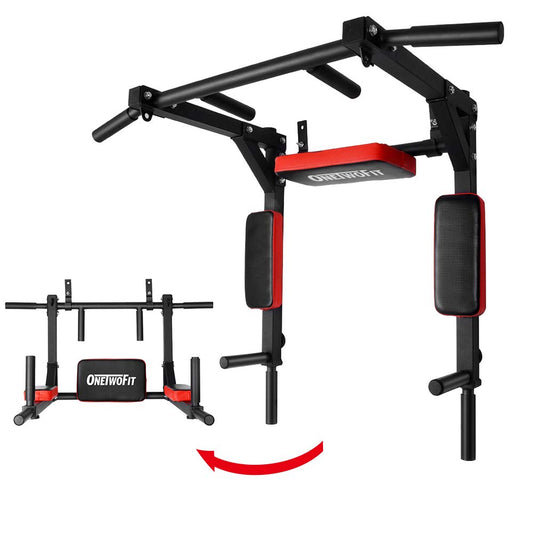 OneTwoFit Multifunctional Wall Mounted Pull Up Bar/Chin Up bar, Dip Station for Indoor Home Gym Workout, Power Tower Set Training Equipment Fitness Dip Stand Supports to 440 Lbs OT126