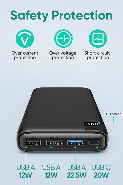 A ADDTOP 26800mAh Power Bank 22.5W Fast Charging Portable Charger USB C Portable Phone Charger PD QC 3.0 External Battery Pack with 4 Outputs for Smartphones and Tablets