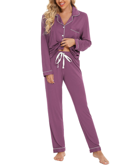 Samring Women's Button Down Pajama Set V-Neck Long Sleeve Sleepwear Soft Pj Sets S-XXL, Purple, XXL