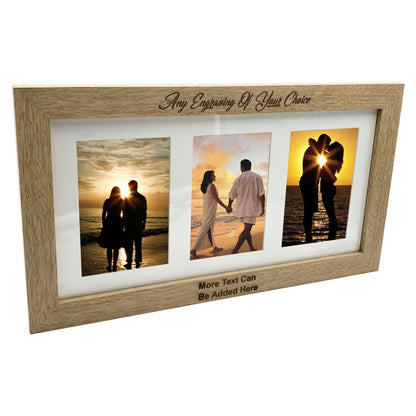 Personalised Wooden Triple Photo 6 x 4 Frame Custom Engraved Any Message Brown