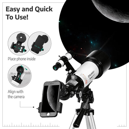 Slokey Astronomy Telescope 40070-16x-120x Travel Scope, 2 Eyepieces, 3x Barlow Lens, Tripod Mount, Phone Adapter - Portable for Kids, Beginners - Ideal for Stargazing Moon, Planets, Stars (21x13x49cm)