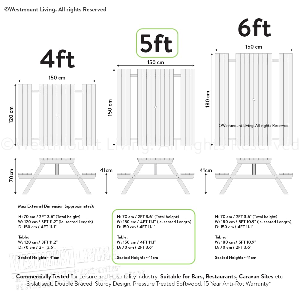 - WOODEN GARDEN PICNIC TABLE BENCH - 5FT TRADITIONAL PUB STYLE OUTDOOR FURNITURE