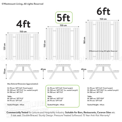 - WOODEN GARDEN PICNIC TABLE BENCH - 5FT TRADITIONAL PUB STYLE OUTDOOR FURNITURE