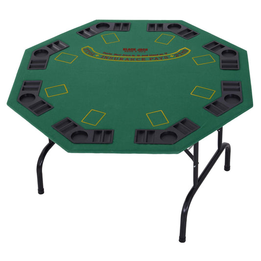 HOMCOM 8 Player Folding Games Poker Table with Chip Cup Holder Steel Base Felt Top Octagon Blackjack Casino Green