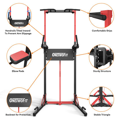 ONETWOFIT Power Tower Pull Up Bar Station, Multi-Function Adjustable Height Foldable Dip Station for Home Gym Workout, Heavy Duty Strength Training Fitness Equipment, Pull Up Stand 400LBS