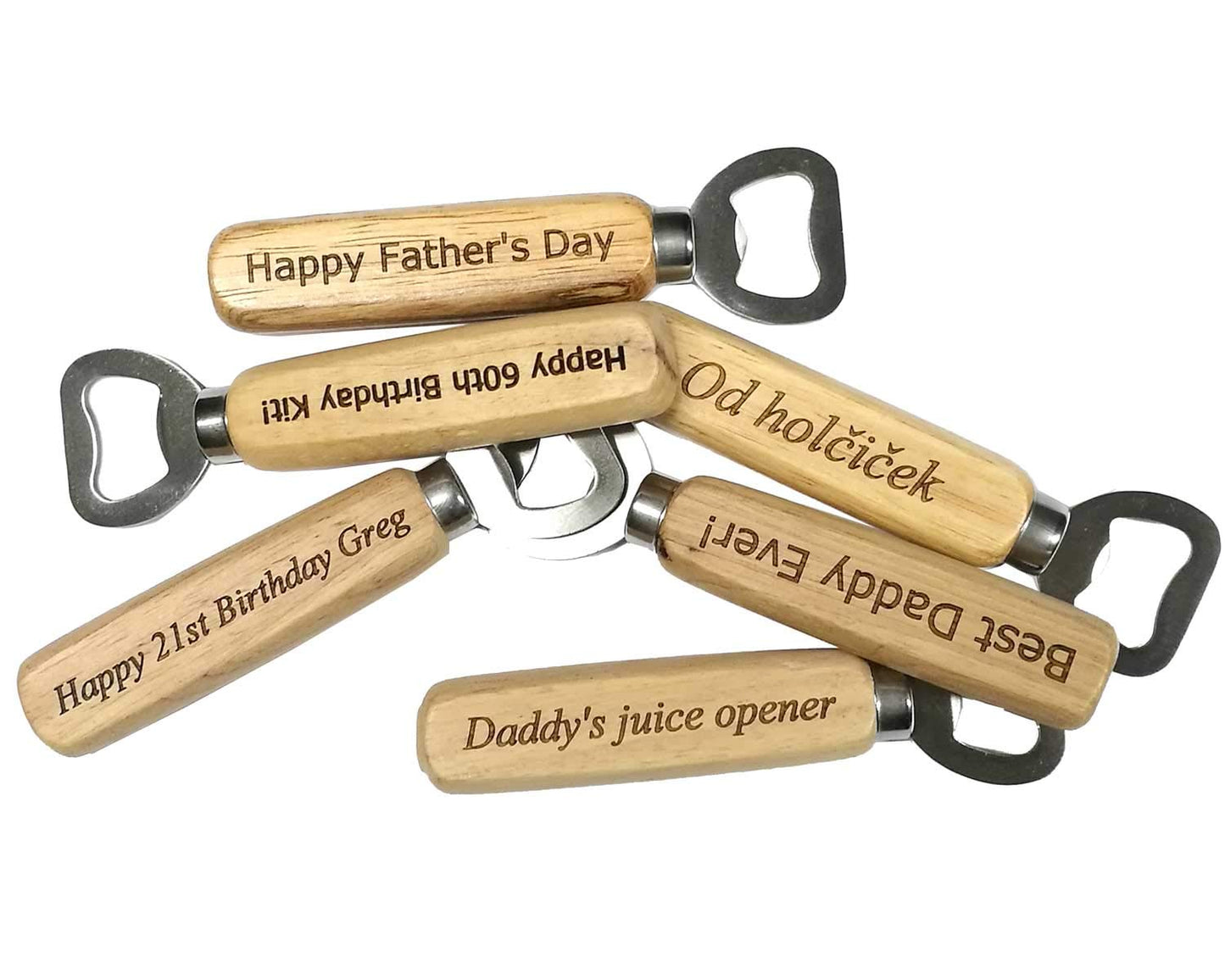 Personalised Engraved Bottle Opener with Wood Handle Choice of Fonts