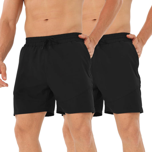 HOPLYNN Men's 2 Pack Running Shorts Lightweight Breathable Sports Gym Training Shorts with Drawstring and Zippered Pockets 2Black-L