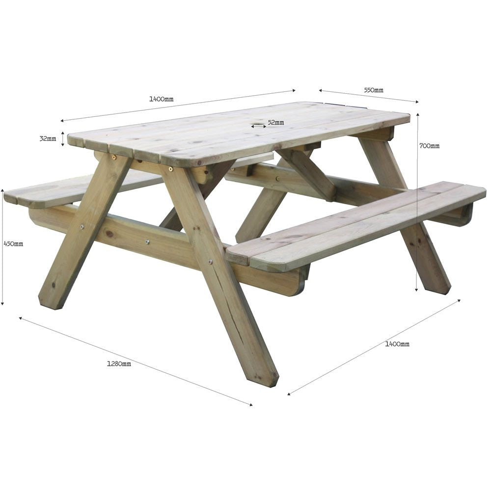 BrackenStyle Jersey Wooden Picnic Table with Bench and Parasol Hole - 1 Piece Furniture Outdoor Dining for Picnic, Pubs, Patio, Garden, BBQ, 6 People Seater with 1.4M Length