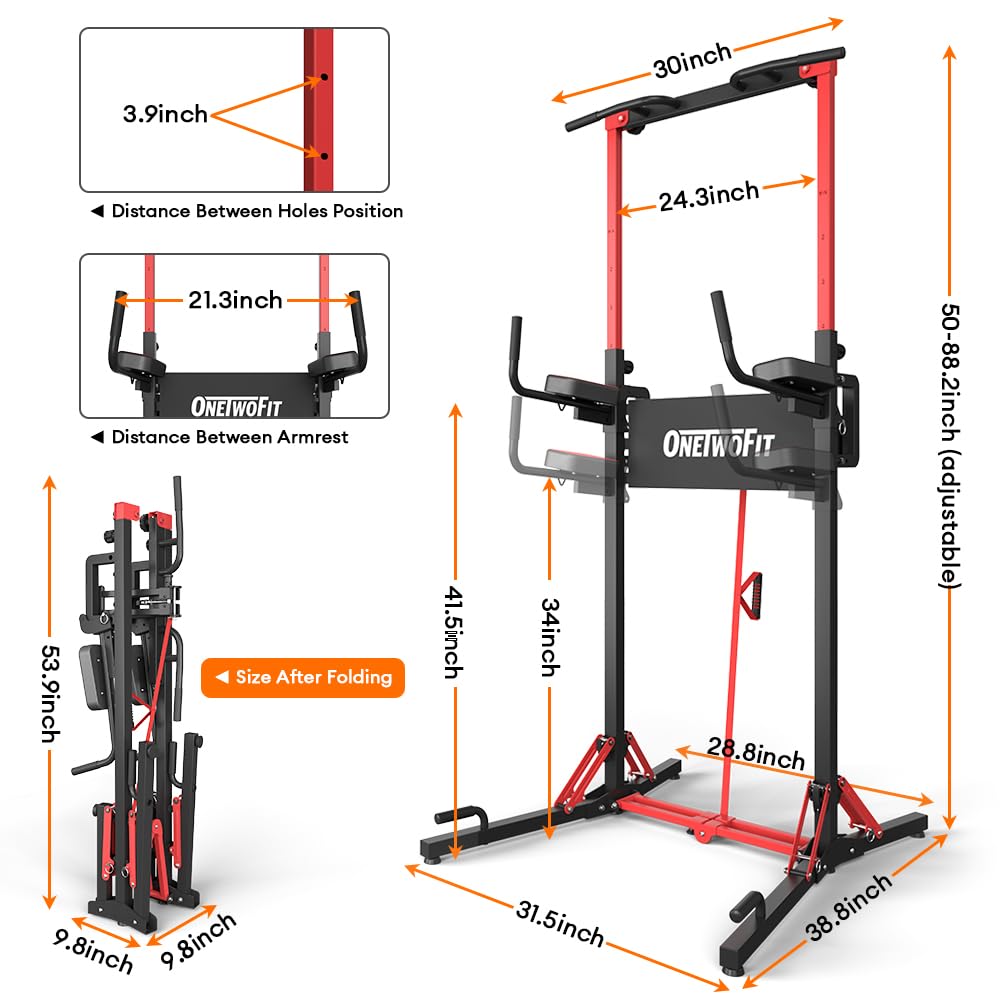 ONETWOFIT Power Tower Pull Up Bar Station, Multi-Function Adjustable Height Foldable Dip Station for Home Gym Workout, Heavy Duty Strength Training Fitness Equipment, Pull Up Stand 400LBS