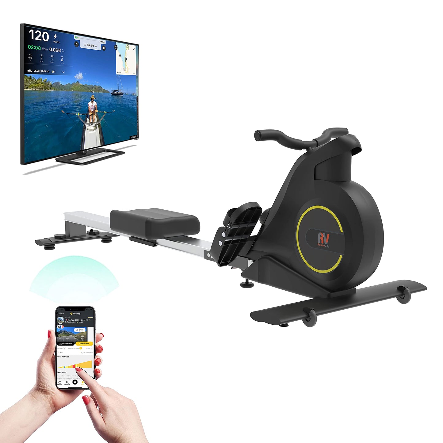 Roneyville RowActiv8 Smart Magnetic Rowing Machine Home Gym | Digital Fitness, LCD Console, Aluminum Rail, Rower with Integrated Kinomap Fitness App Live Video Streaming, Video Coaching & Training