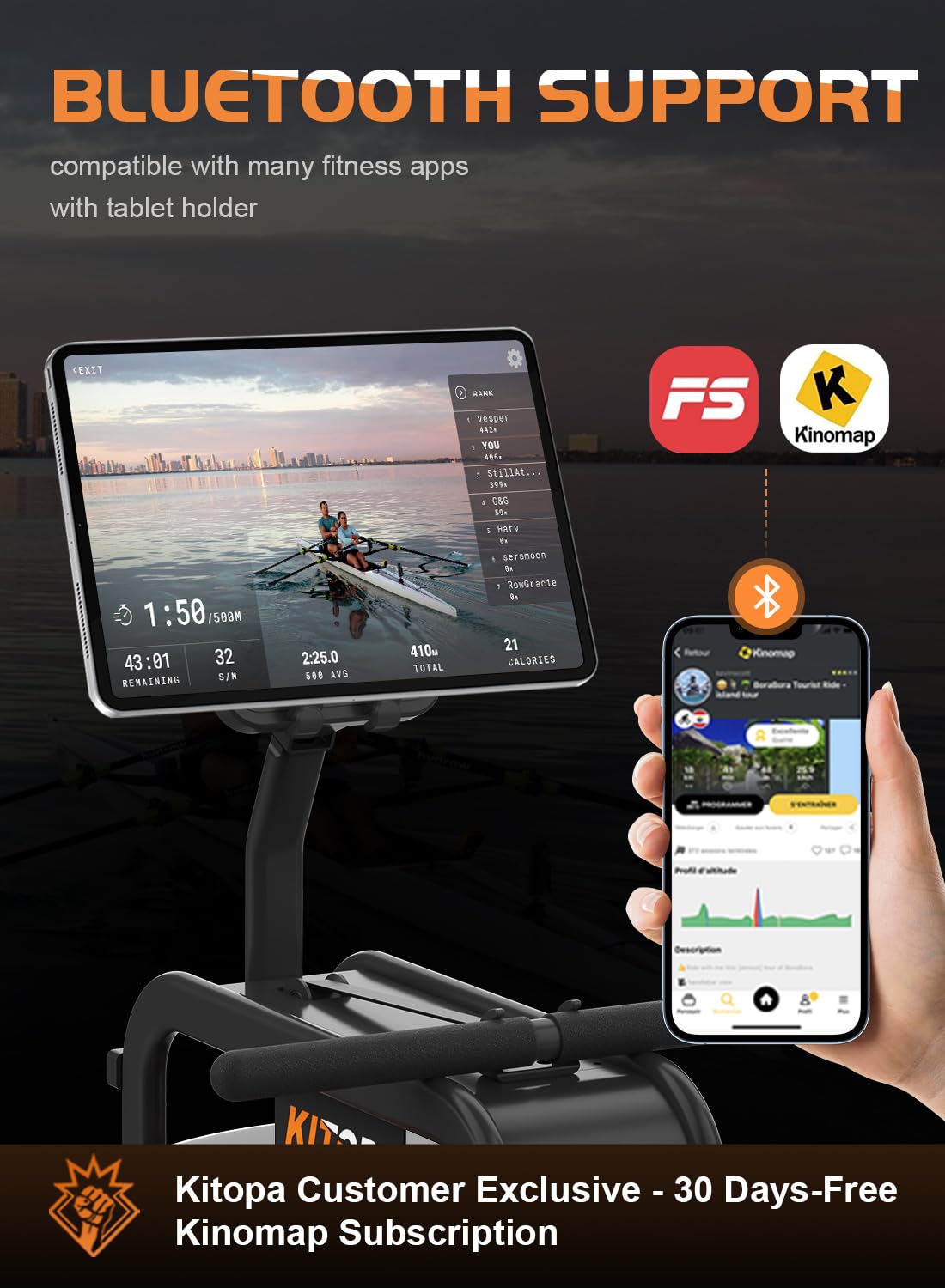 Kitopa Rowing Machine, Rowing Machine for Home Gym with LCD Monitor and Aluminum Rail，Water Rowing Machine with Bluetooth and Tablet Holder，Water Resistance Rower Machine for Full Body Workout