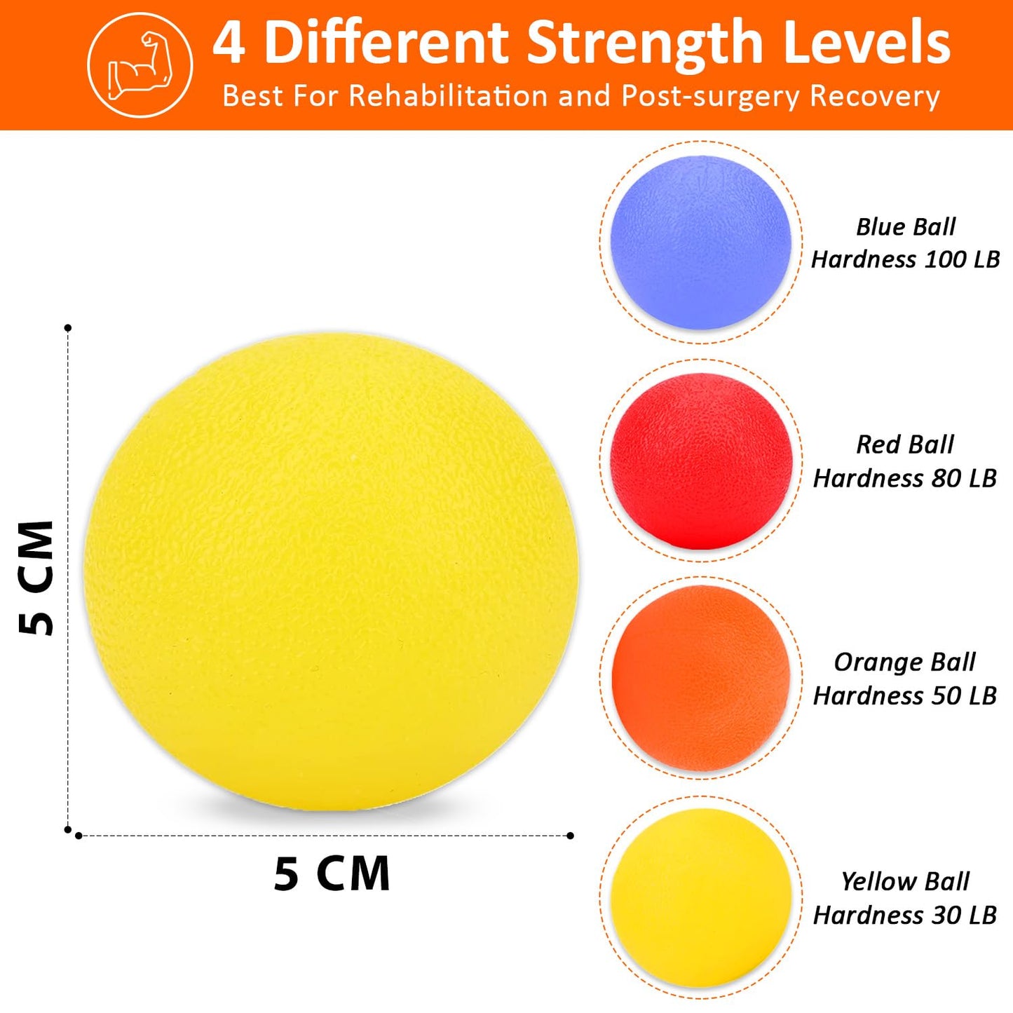 A5 Fitness 4Pcs Stress Ball set for adults and kids for Anxiety, Muscle Focus Improvement, Arthritis & Stress Relief - 4 Resistance Level Yellow(30lb) orange(50lb) red(80lb) blue(100lb) squeeze