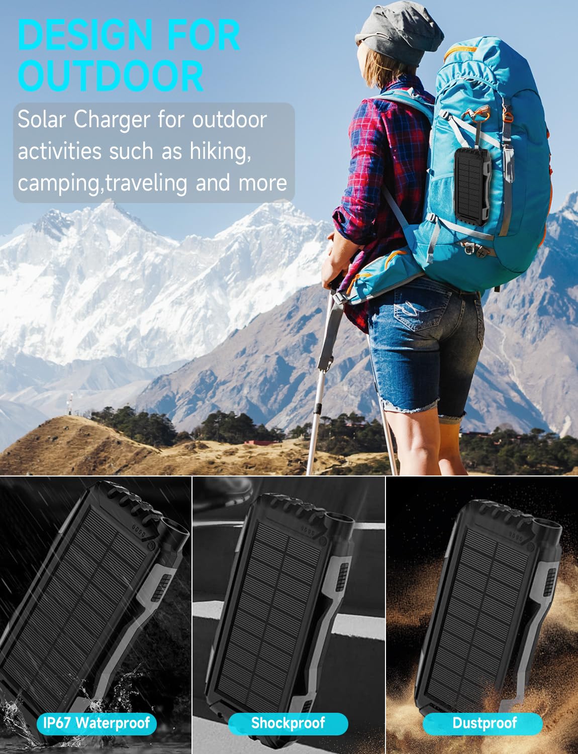 Power Bank 42800mAh Large Battery Pack,Fast Charging QC 3.0 PD18W USB-C, Bright Flashlight, Solar Powered for Outdoor Camping, Portable Charger for iPhone,Tablet