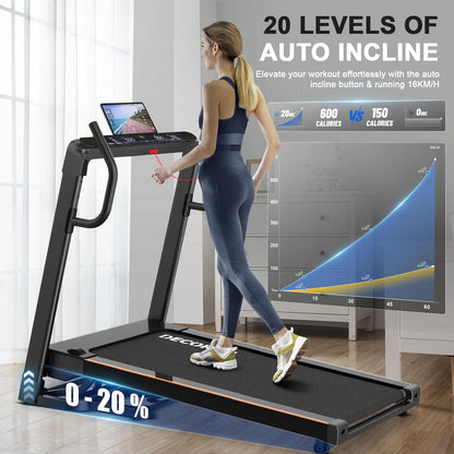 Decorcn Folding Treadmill for Home, 4.5HP, 20 Incline Levels, 1km/h-16km/h, 150KG limited, Running Machine for Heavy People with LED, Bluetooth Speakers, Silent Walking Pad for Home Office Gym