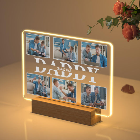 Personalised Gifts for Dad Father's Day Gifts from Daughter Son, Custom Picture Frame Album for Dad, Customised Photo Acrylic Plaque with Light Base Gifts for Dad Birthday