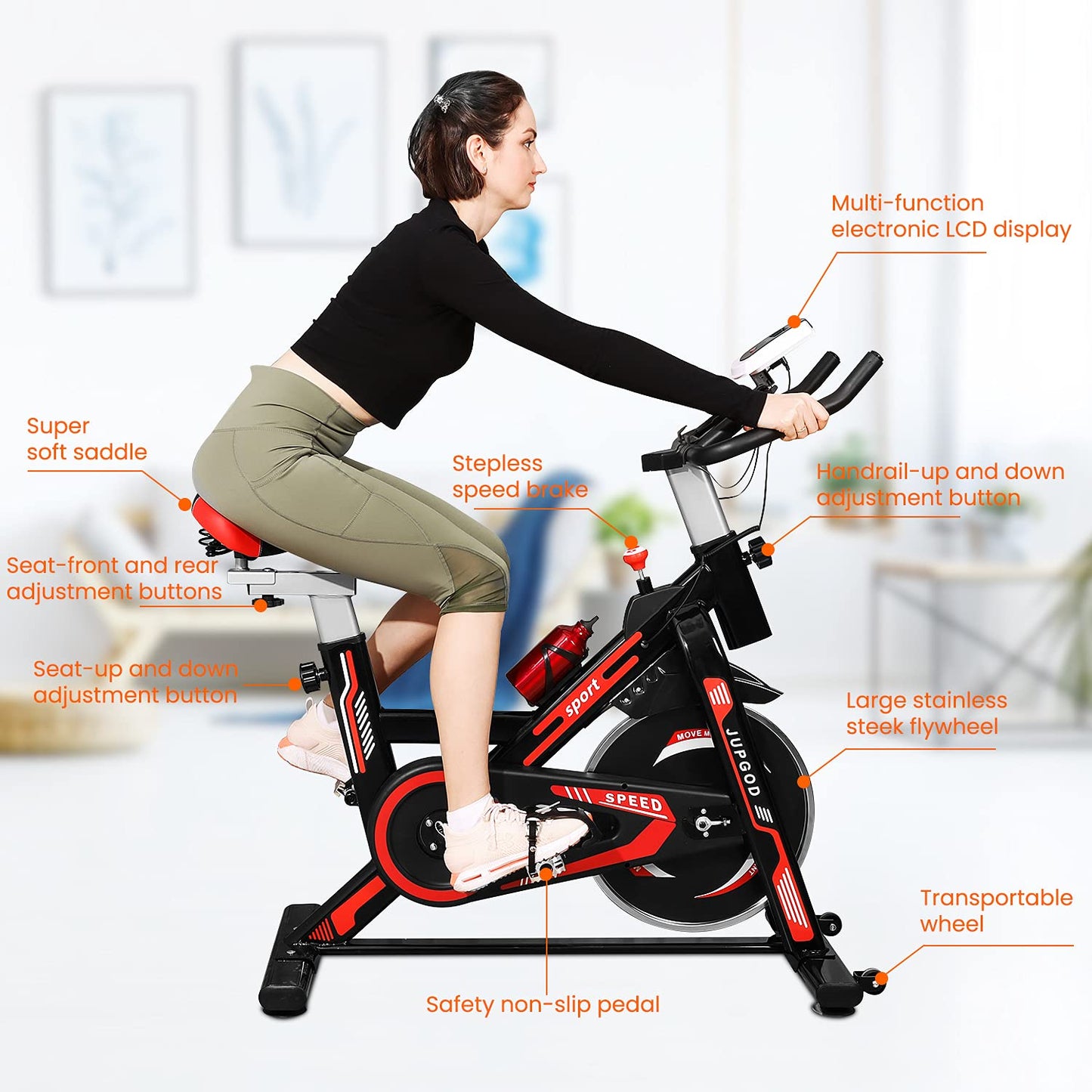 Jupgod Stationary Exercise Bike, Indoor Cycling Bike with Slient Flywheel, LCD Monitor, Comfortable Seat, Spin Bike for Home Gym Workout, Black Red