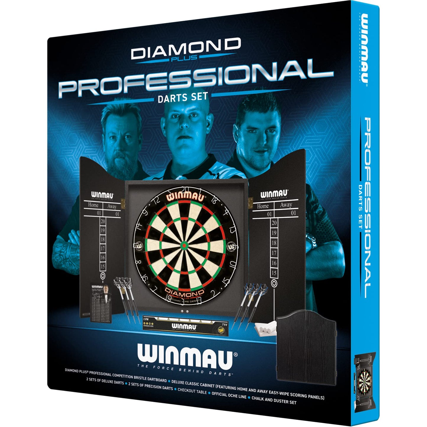 - WINMAU Professional Dart Set includes Diamond Plus Bristle Dartboard - Black Cabinet - 2 Sets of Darts - Official Oche Line