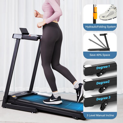 Motorised Folding Treadmill for home Office Gym Use,2.0HP Treadmill Widened Shock Absorption Running Belt,Foldable Running Machine Adjustable Speeds 1-12km/h with Bluetooth speaker (Black)