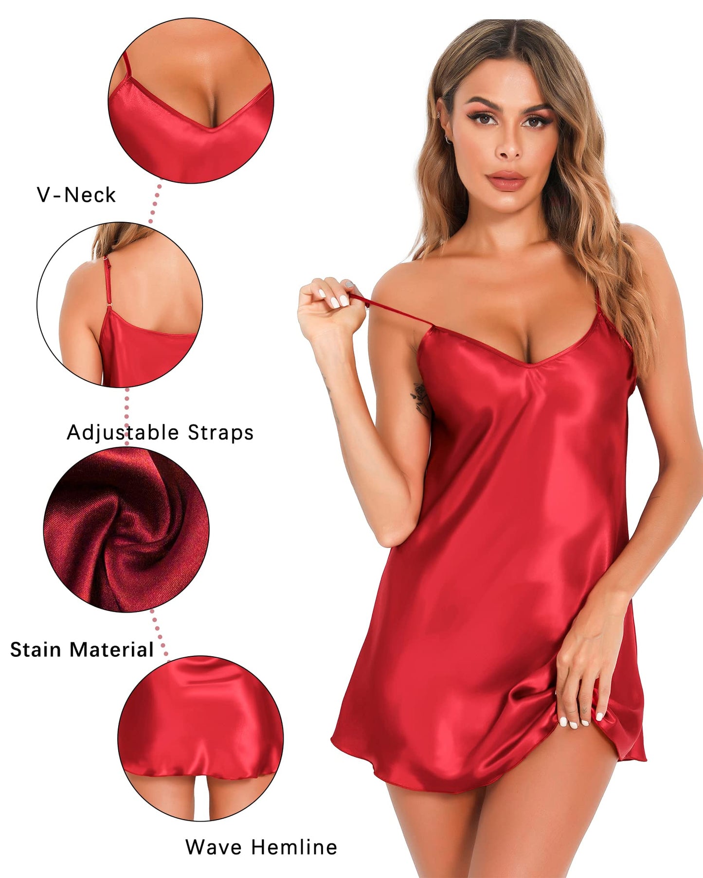 Lovasy Satin Nightdress for Women Sexy Negligees Strap Chemise Silk Nighties for Women V-Neck Ladies Nightdress Full Slips Nightwear Nightgown UK Size 6-22,Red,L