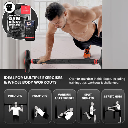 Pull Up Bar Door Frame NO Screws + Exercise E-Book | Professional Chin Up with Padded Handles | Extra Wide Dip Workout Bars for Hanging in Doorway at Home without Drilling, Indoor Mounted Gym Fitness