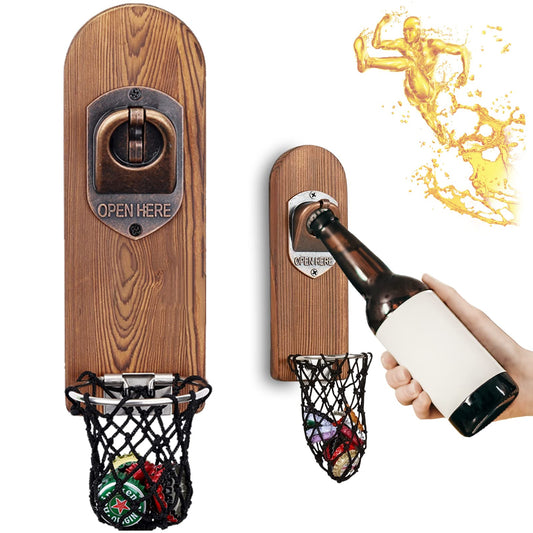 - ZONSUSE Magnetic Bottle Openers with Netting Catcher, Wall Mounted Wooden Beer Bottle Opener