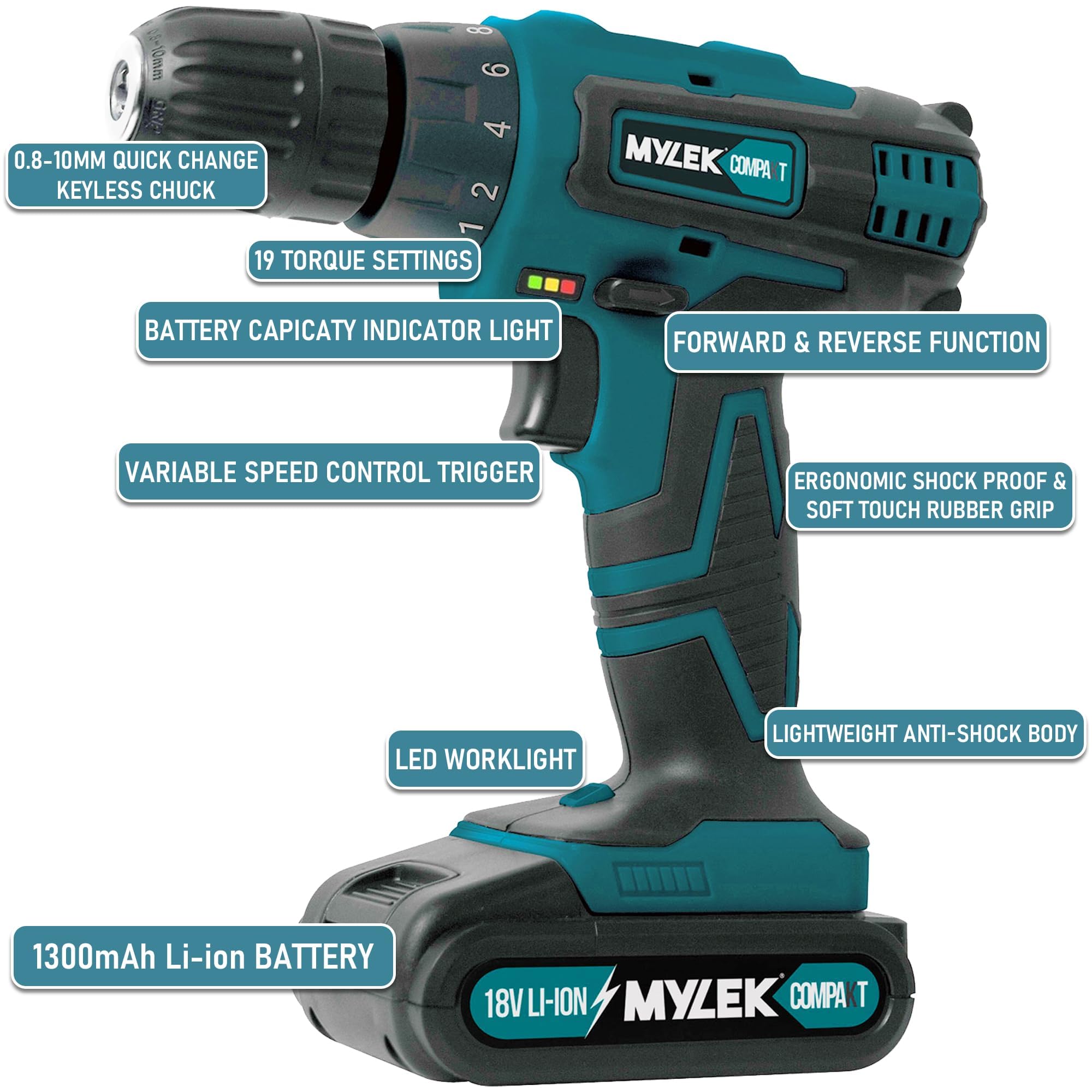 Mylek cordless drill 18v driver screwdriver diy kit set combi lithium ion sale