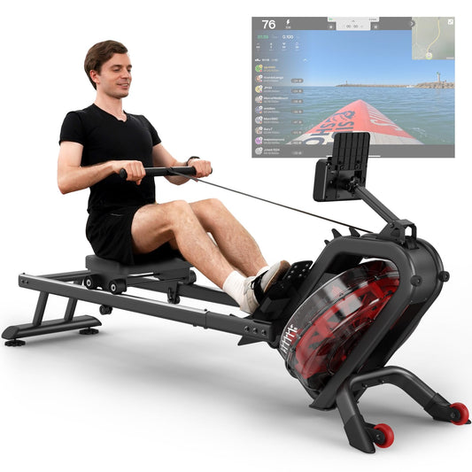 PASYOU Water Rowing Machines, 50°Incline Enhanced Resistance Rower,350LB Weight Capacity with Two seat rails,with Bluetooth Connection and LED Monitor, Rowing Machines for Home Gym