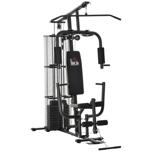 HOMCOM Multi-Exercise Gym Workout Station, 45Kg Weight Stack Training System, Full Body Fitness for Home Gym, Black