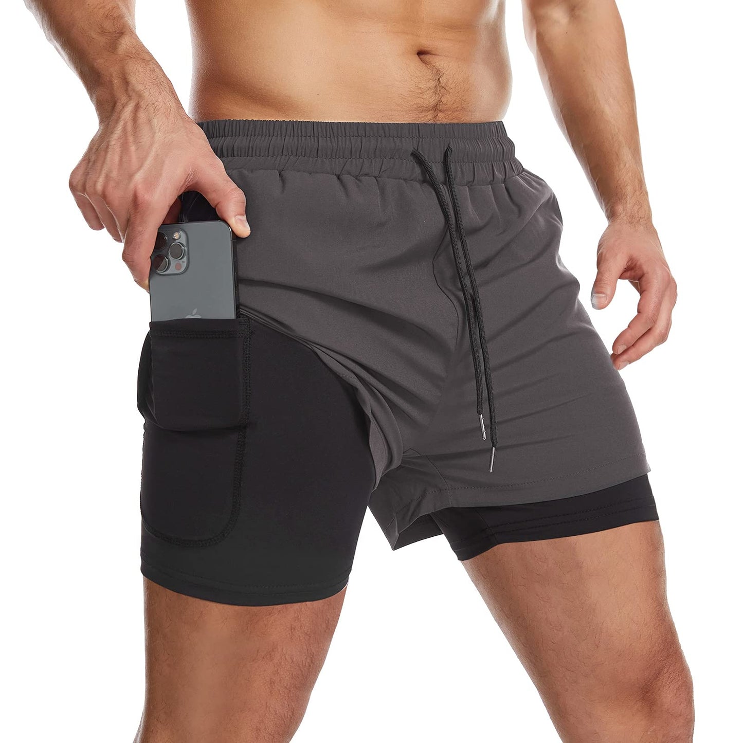 Danfiki Men Running Shorts Men's Shorts Workout with Phone Pocket 2 in 1 Gym Training Shorts Lightweight Quick Drying Grey