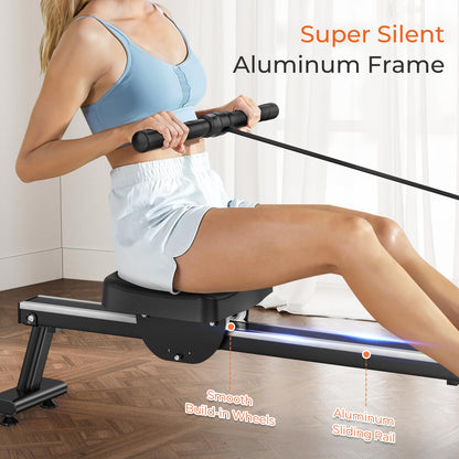 Dripex Magnetic Rowing Machine with Aluminum Slide Rail,16 Levels of Adjustable Resistance,Max Weight Capacity 265 Lbs for Home Gym, LCD App/Monitor