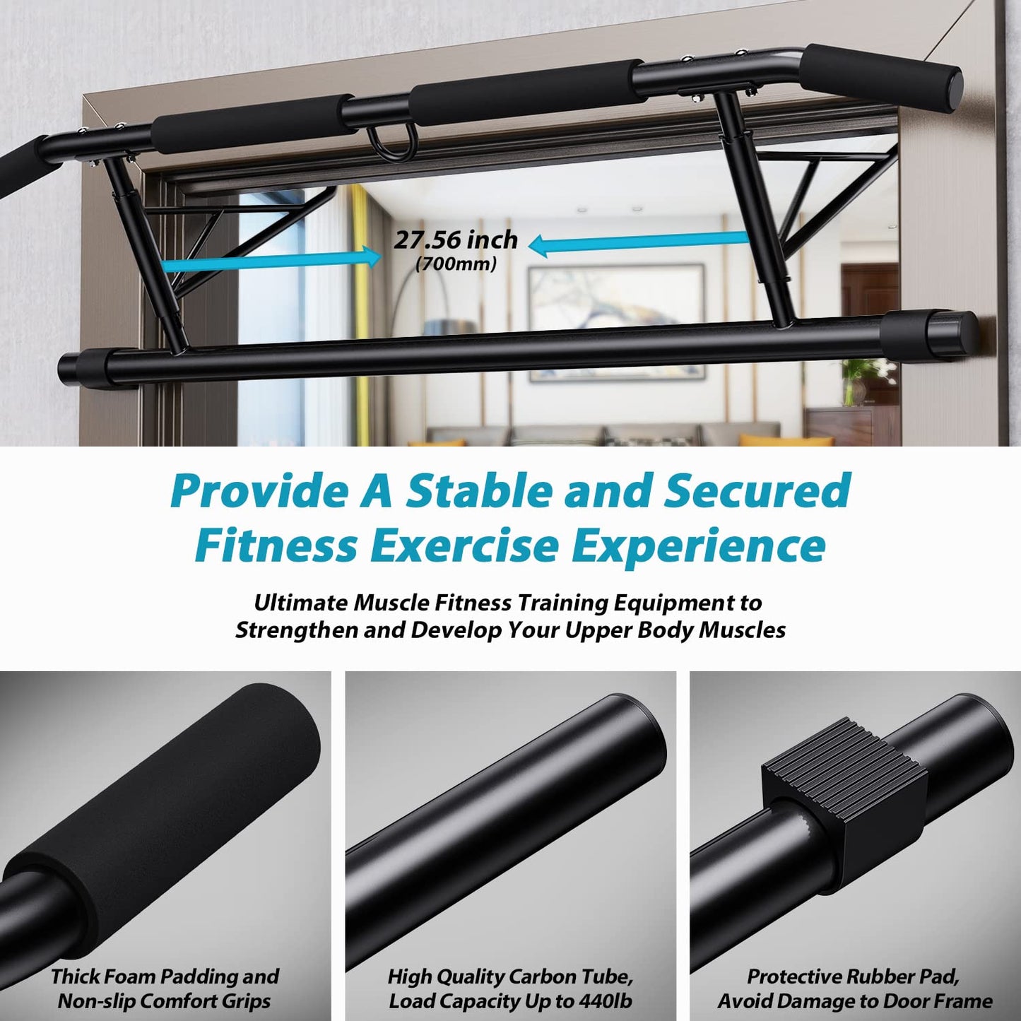 JX FITNESS Door Frame Pull up Bar Doorway Chin up Bar with Padded Handles Foldable for Home Gym, No Drilling