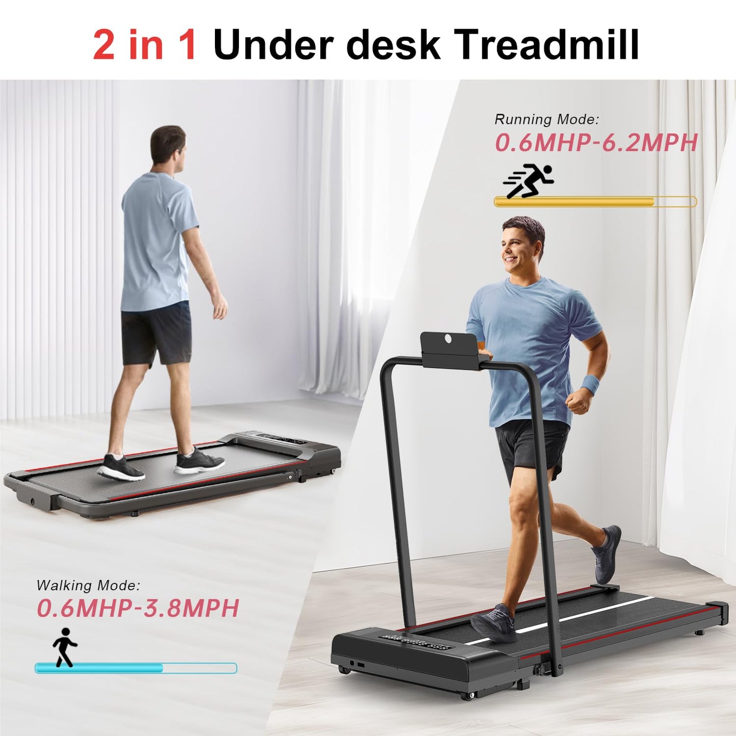 HomeFitnessCode Folding Treadmill, 2 in 1 Under Desk Treadmill with Bluetooth Speaker, Installation-Free, 1-10km/h Speed Range and LED Display, Electric Treadmills for Home Office (Black)