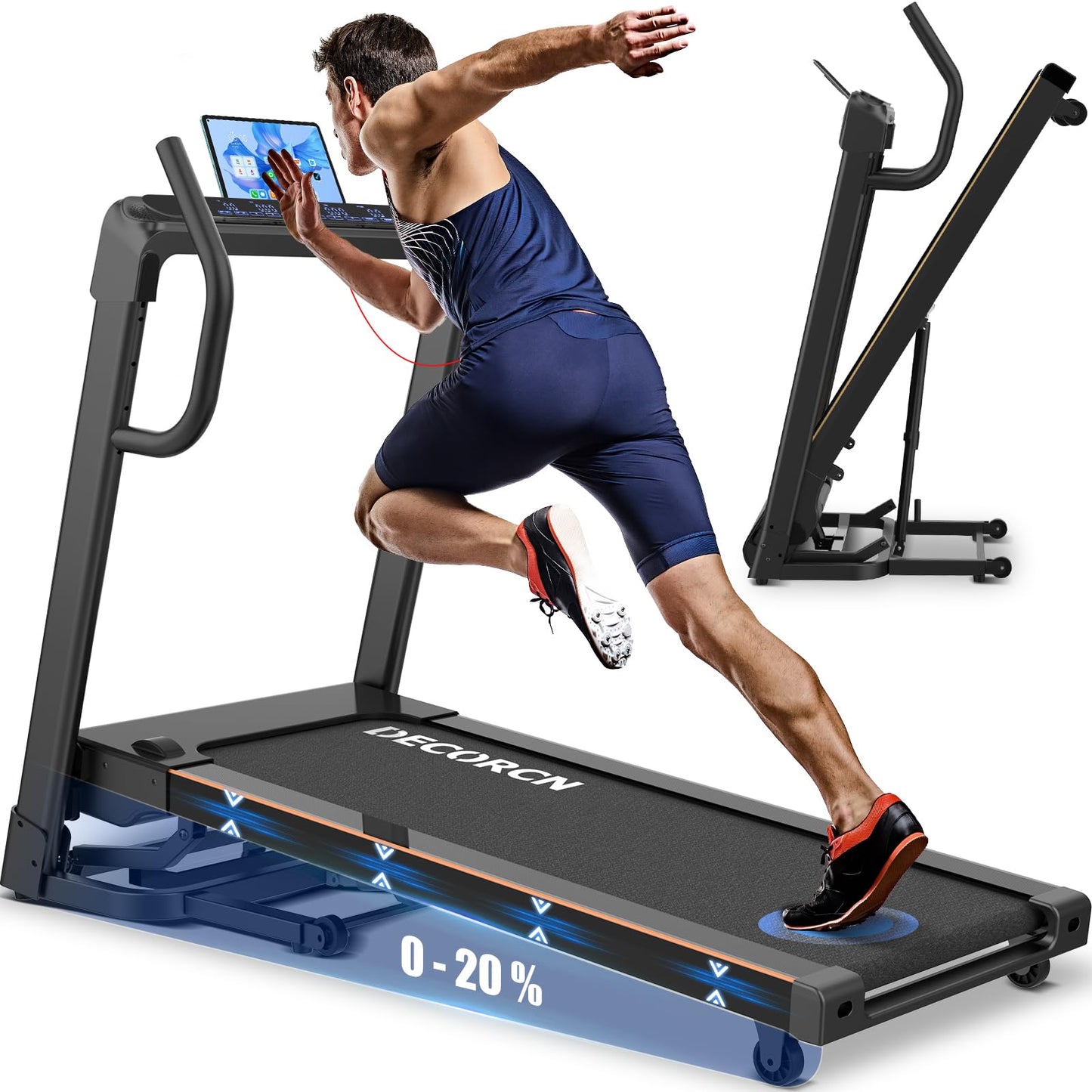 Decorcn Folding Treadmill for Home, 4.5HP, 20 Incline Levels, 1km/h-16km/h, 150KG limited, Running Machine for Heavy People with LED, Bluetooth Speakers, Silent Walking Pad for Home Office Gym