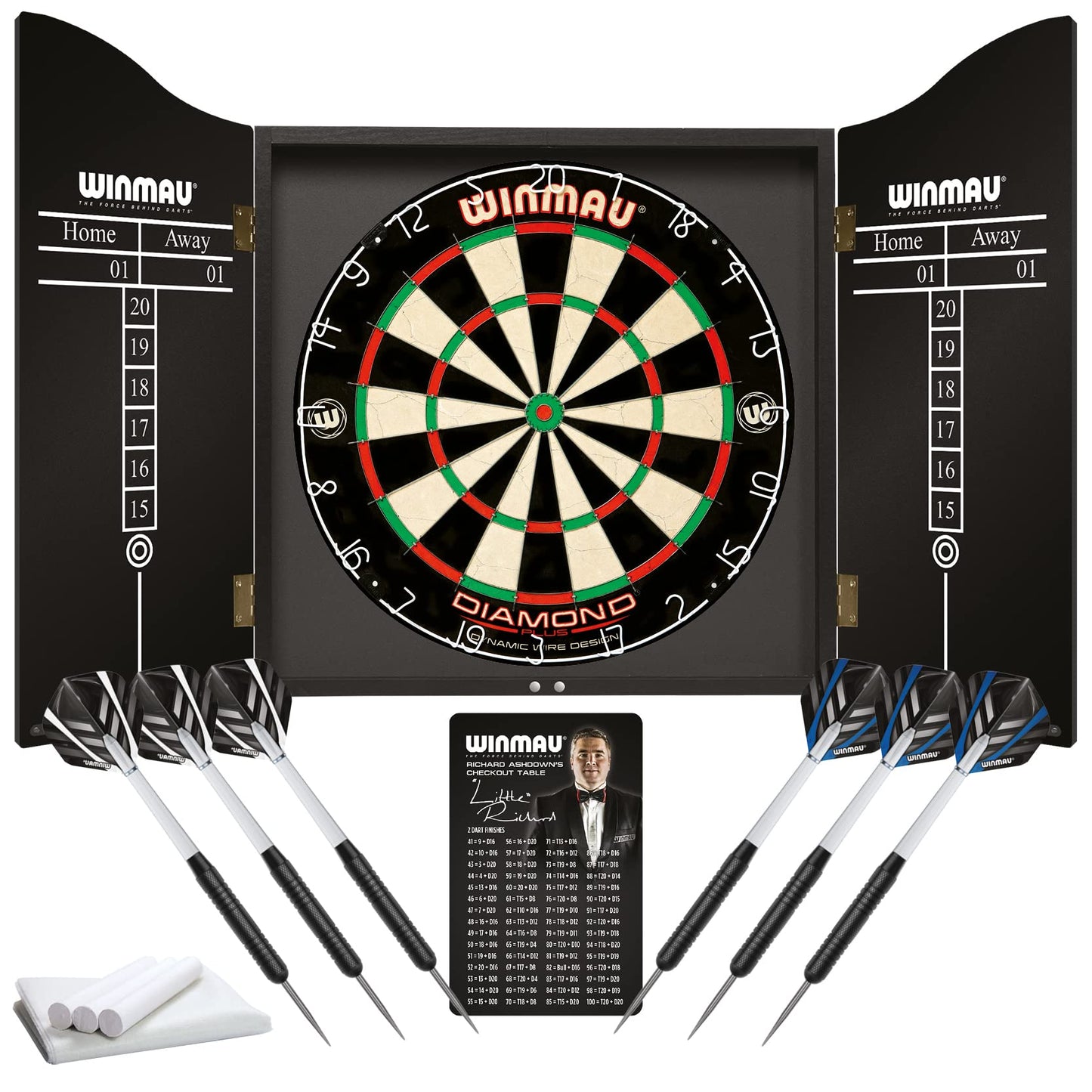 - WINMAU Professional Dart Set includes Diamond Plus Bristle Dartboard - Black Cabinet - 2 Sets of Darts - Official Oche Line