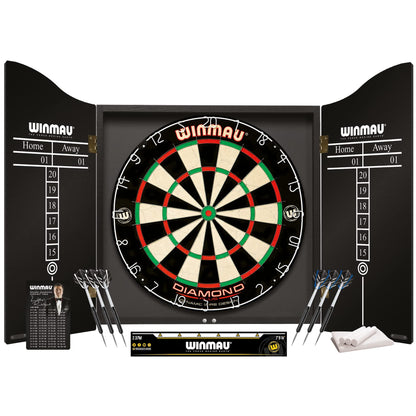 - WINMAU Professional Dart Set includes Diamond Plus Bristle Dartboard - Black Cabinet - 2 Sets of Darts - Official Oche Line