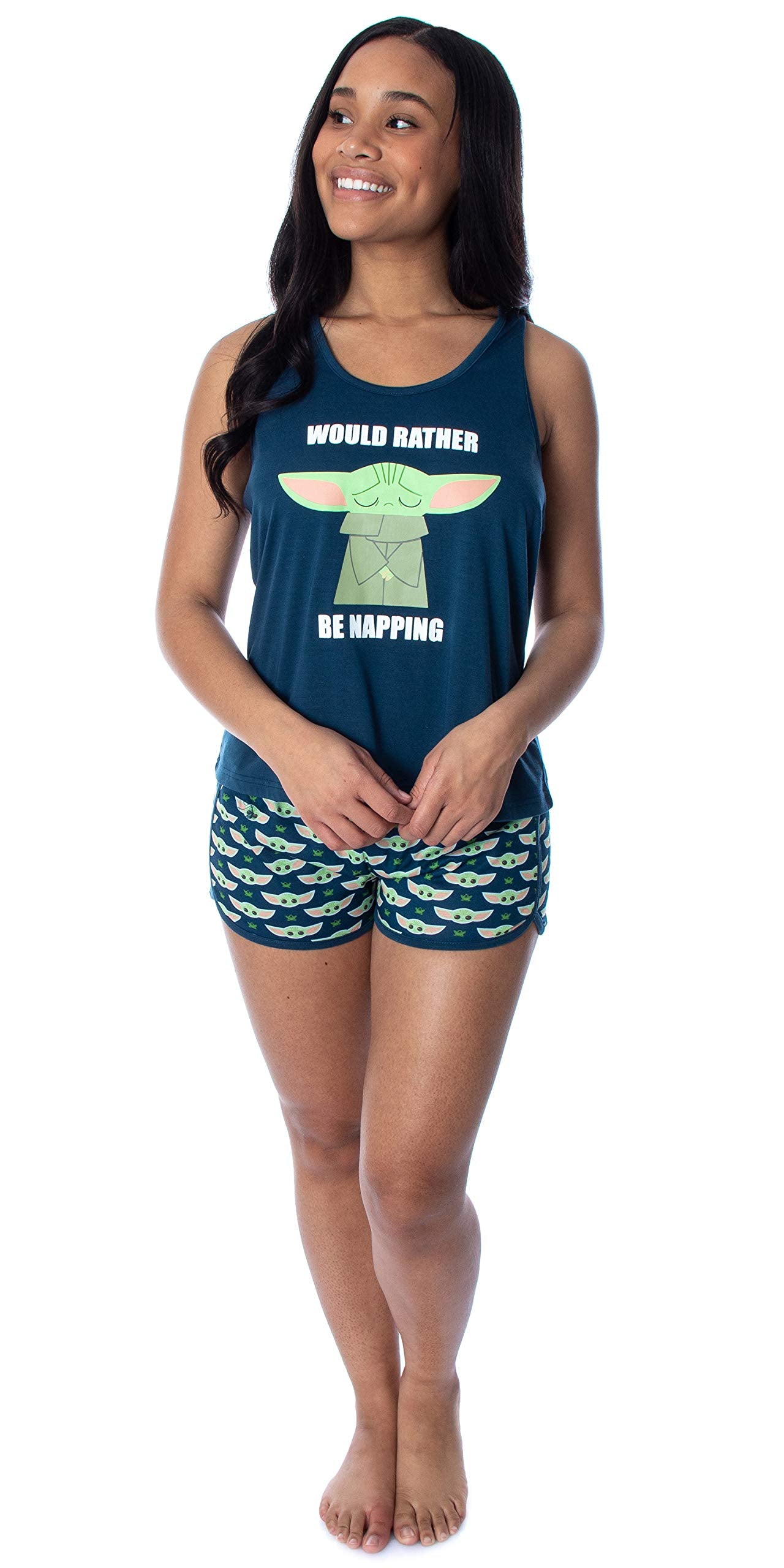 Star Wars Women's The Mandalorian Baby Yoda Rather Be Napping Racerback Tank and Shorts Loungewear Pajama Set (Medium) Blue