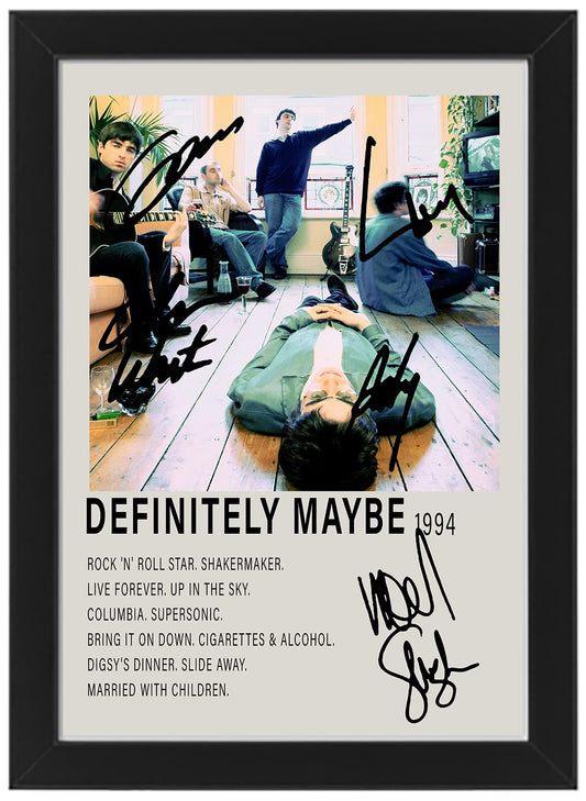 Oasis Definately Maybe - Signed Print Poster, Autographed Album Cover, Wall Photo Display, An Oasis Fan Gift, Printed Picture Memorabilia, Collectable Merchandise (Framed, A4 (12x8"))