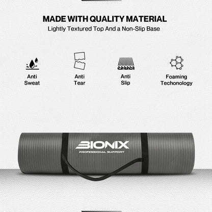 Bionix Exercise Mat with Carry Handle Strap- Extra Thick NBR Yoga Mats for Men and Women- 180cm x 60cm Durable, Non Slip Mat - Gym Mats for Home, Camping, Pilates and Workout