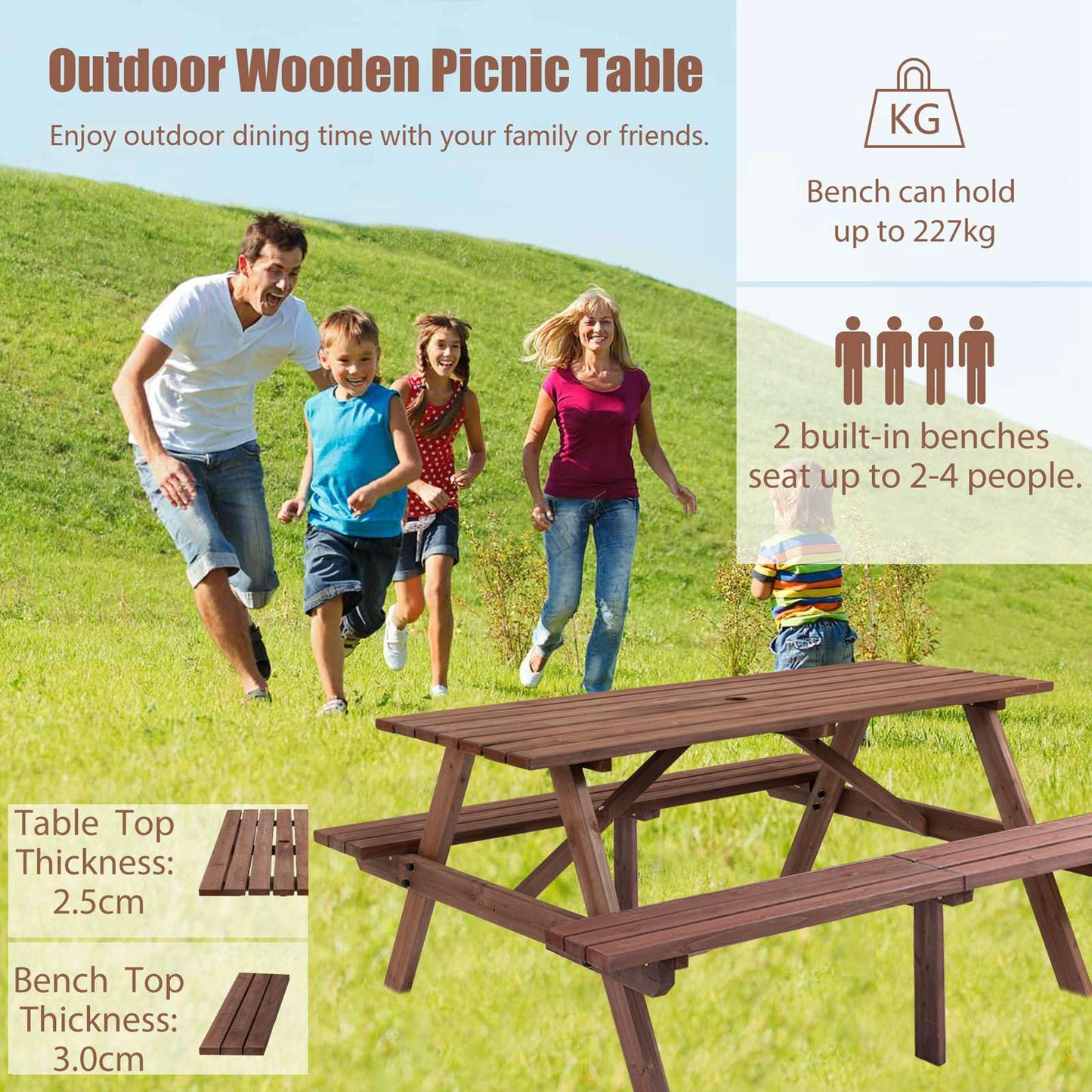 BIRCHTREE Outdoor Wooden Picnic BBQ Rectangular Table Bench Garden Patio Deck Pub Chair 4 Seats Garden Patio Home Park Furniture Fir Wood Brown New